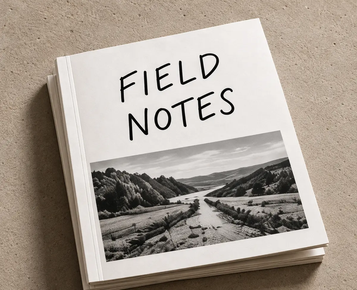 Field Notes zine with a black and white landscape on the cover