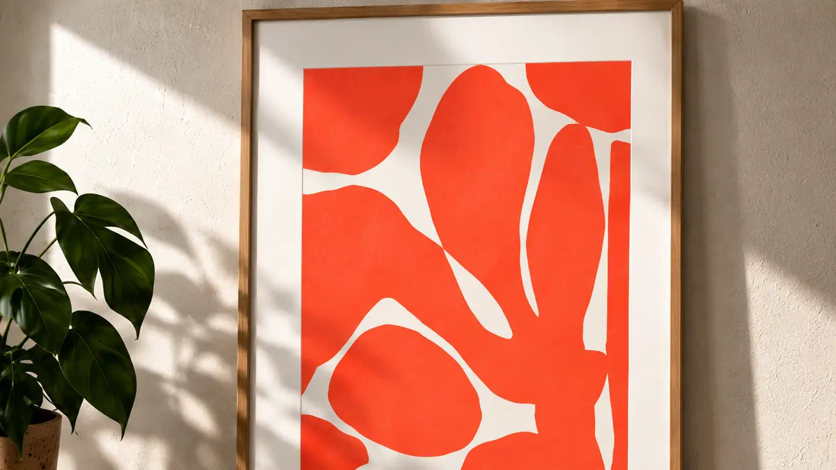 Red abstract studio print in a wooden frame