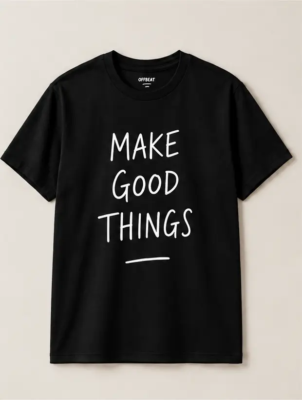 Black Offbeat tee with Make Good Things lettering