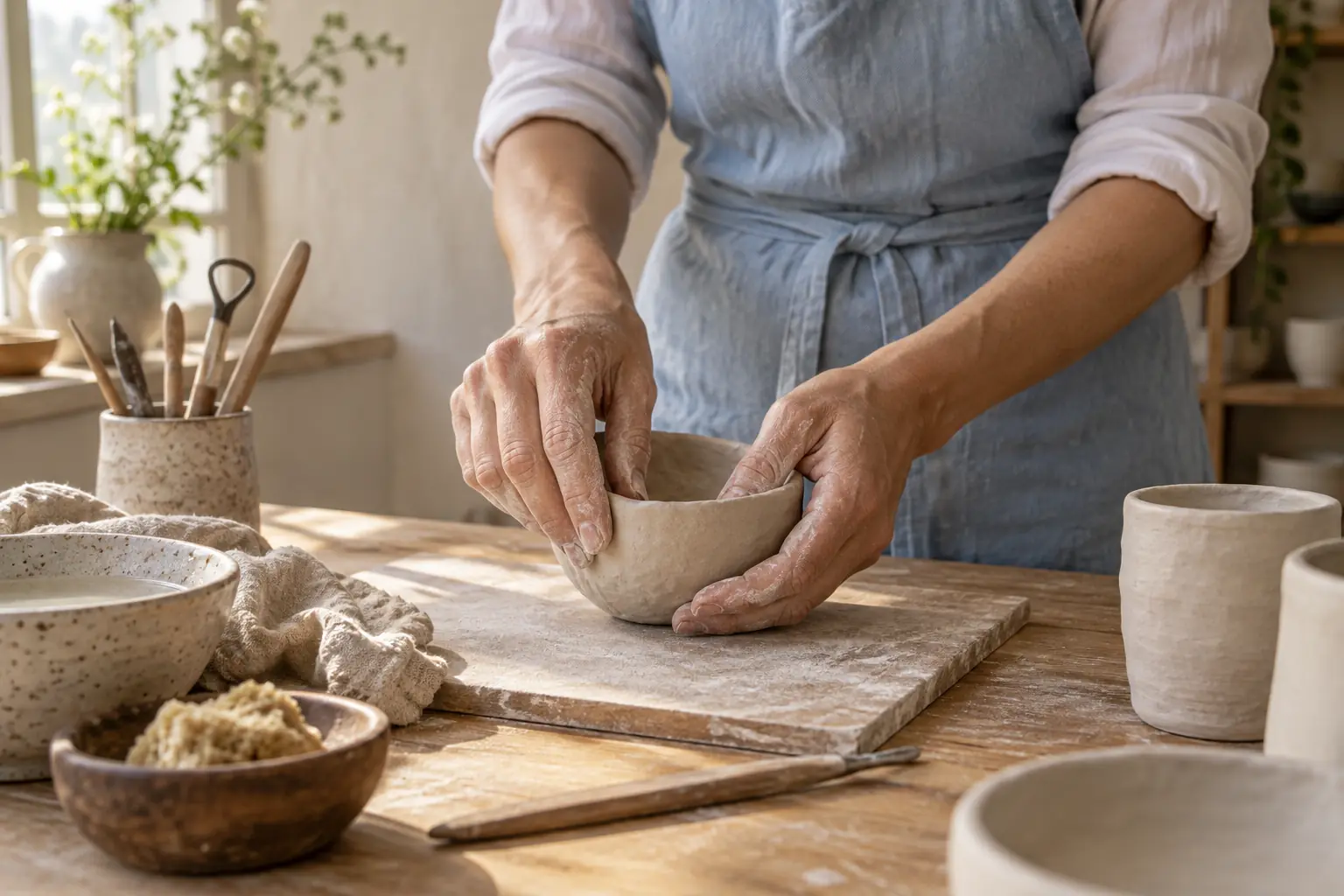 Hands shaping a clay bowl