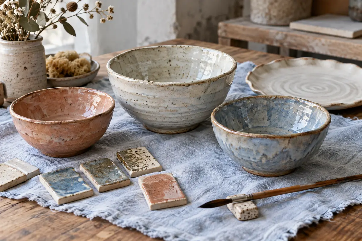 Three glazed ceramic bowls and glaze samples on linen