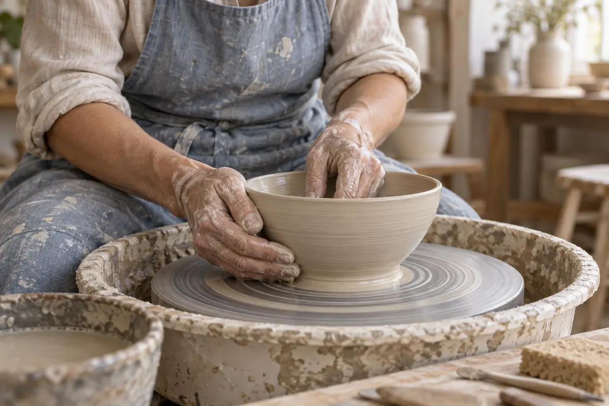 Hands shaping a bowl on a pottery wheel